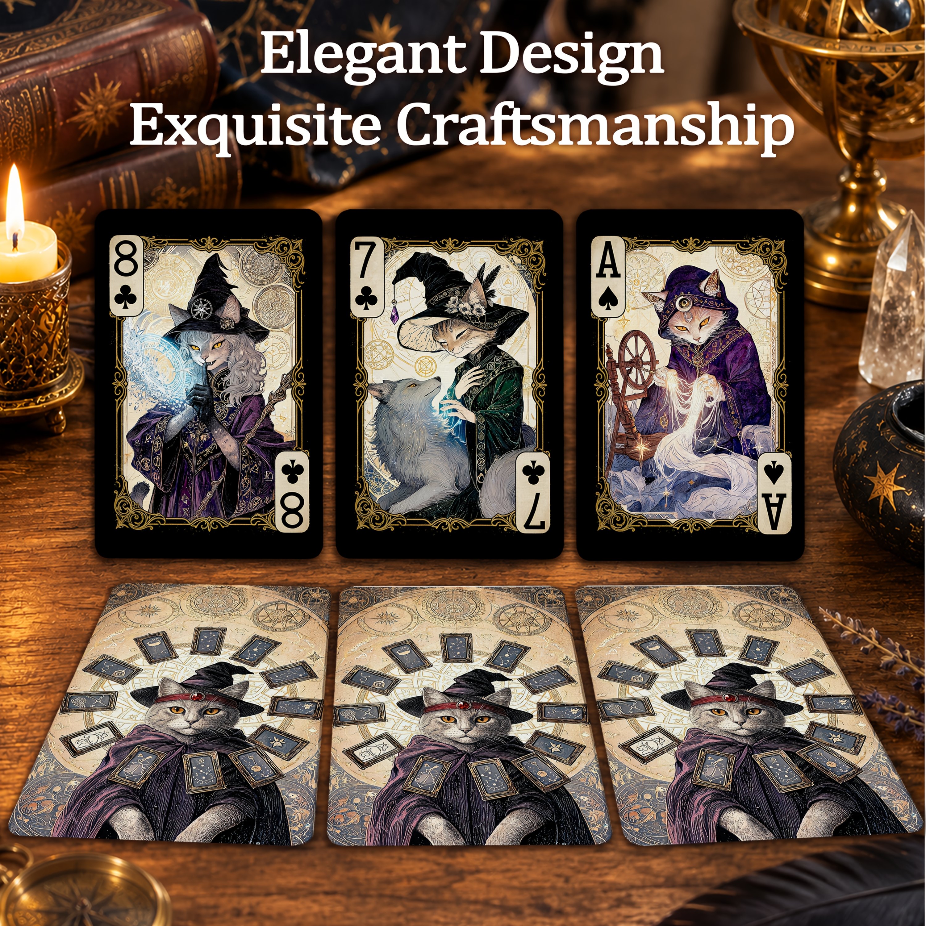 Magic Cat Playing Cards, Unique Cards with Witch Cat Art