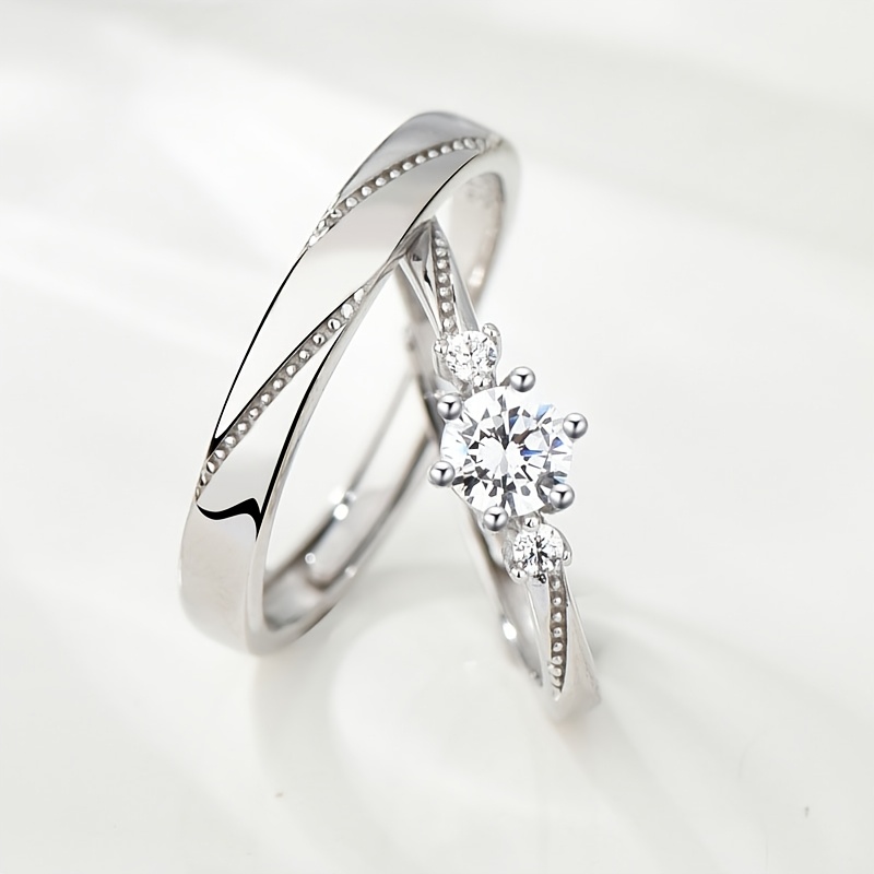 E-shop Elegantes 2-teiliges/ Hochzeitsring-Set - Eingefasst mit funkelndem synthetischem Zirkon, Unisex, verstellbarer offener Ring, für Paare,