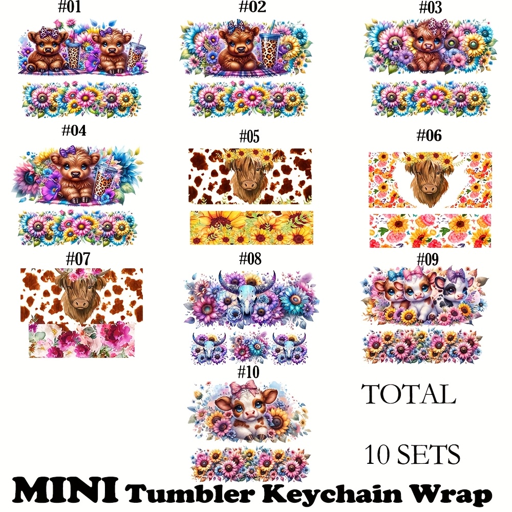 TEMU 10pcs Set For Cow & Dtf Keychain Wraps- Farmhouse Fantasy Decal Stickers With Glossy End, Irregular Shapes & Pre- Vinyl Kit For For Mini Tumbler