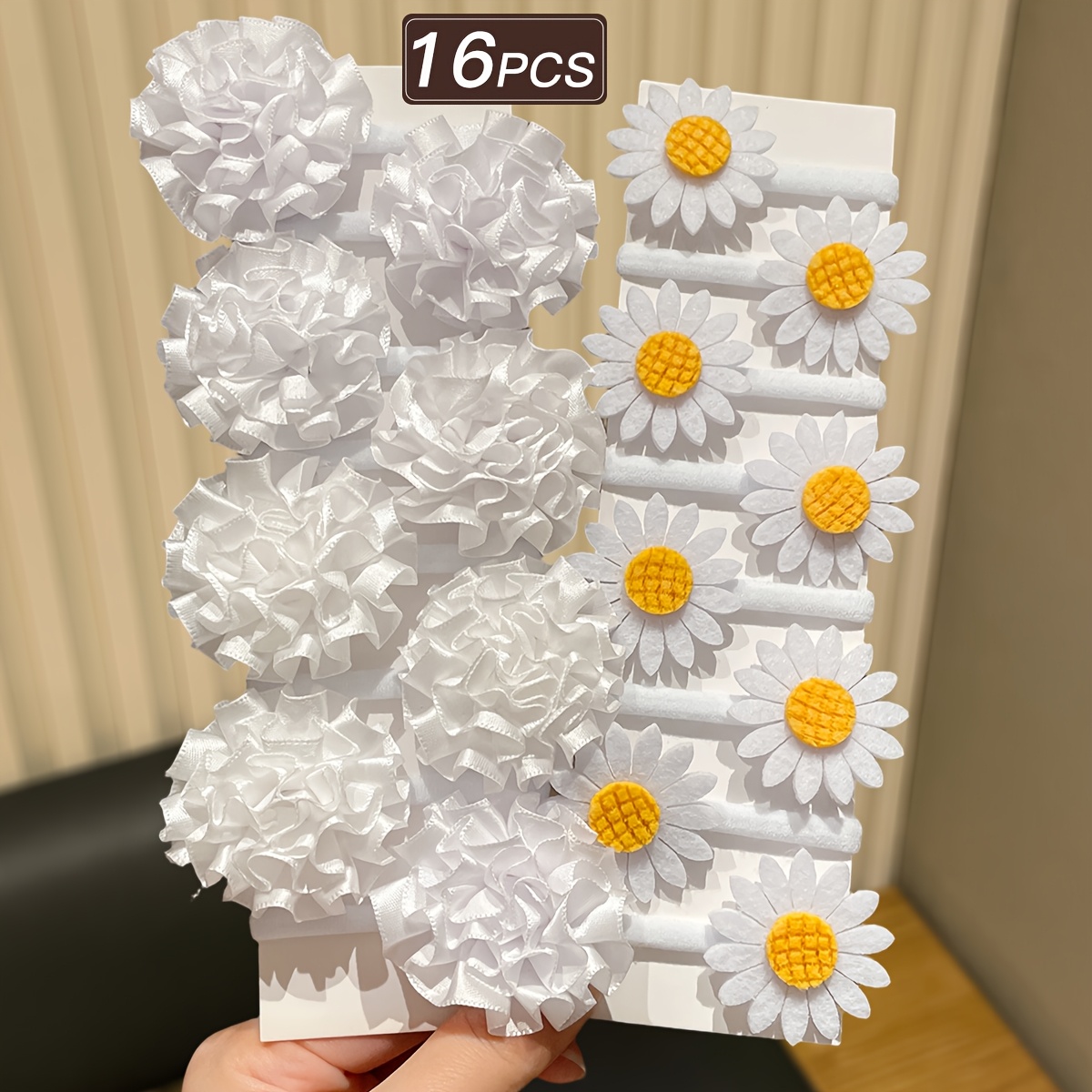 TEMU 16pcs Forest- 3d Flower Hair Ties For Women, Adorable White Satin Pleated Flowers + Small Daisy Hairbands, Seamless Nylon Elastic Bands, Styling