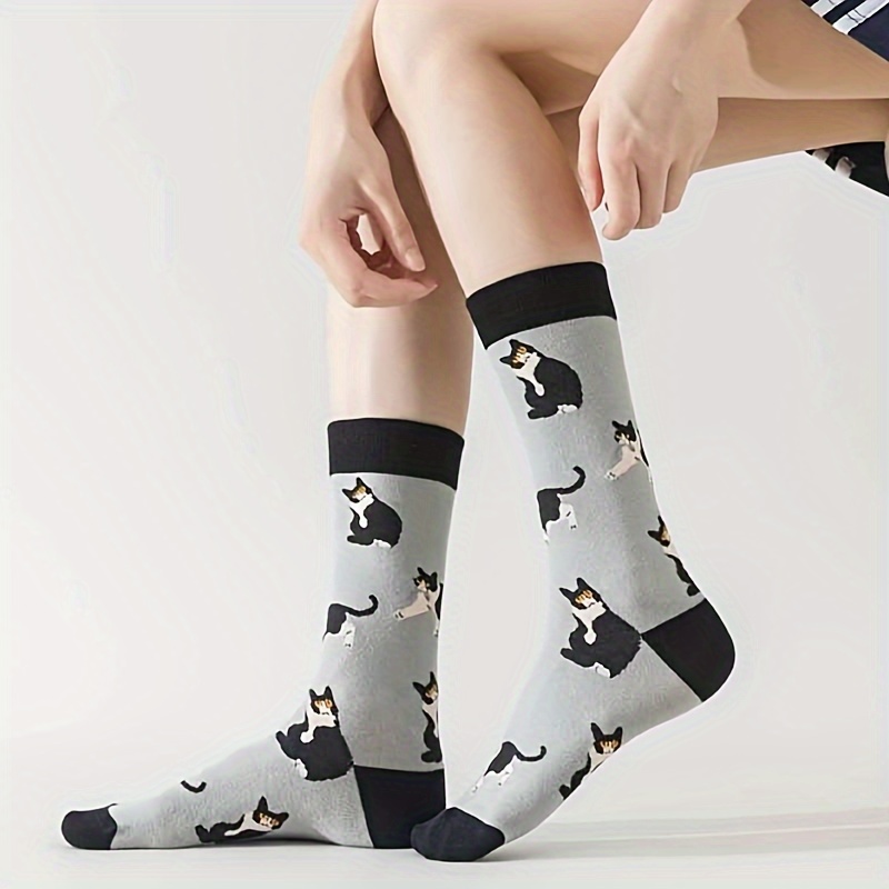 

Men' Crew Socks - Black Cat Design, Breathable & Comfortable, Casual Wear