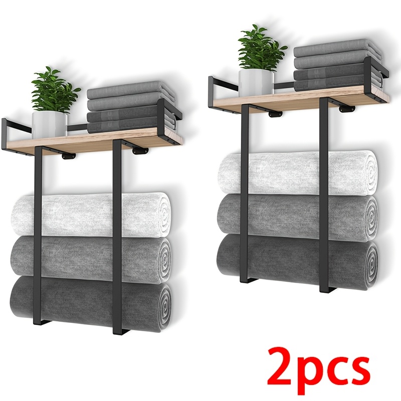 Set Of 2 Wall-mounted Towel Racks For The Bathroom, Featuring A Metal Towel Holder With A Wooden Shelf Designed For Large Folded Towels, Ideal For Small Bathrooms Or Rv Camping