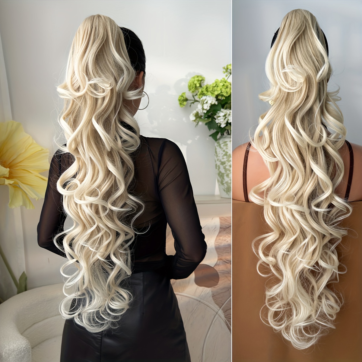Image of Claw Ponytail Extensions Hair Ombre Color Long Deep Wave 28inch Heat Resistant Fiber Synthetic Hairpiece For Women Use