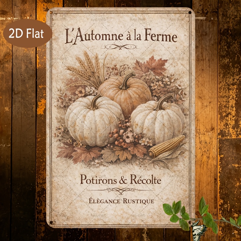 TEMU 2d Flat, 1pc French Country Farmhouse Wall Plaque - Vintage " À La Ferme" Harvest Sign With Pumpkins & Wheat, Artificial Suitable For