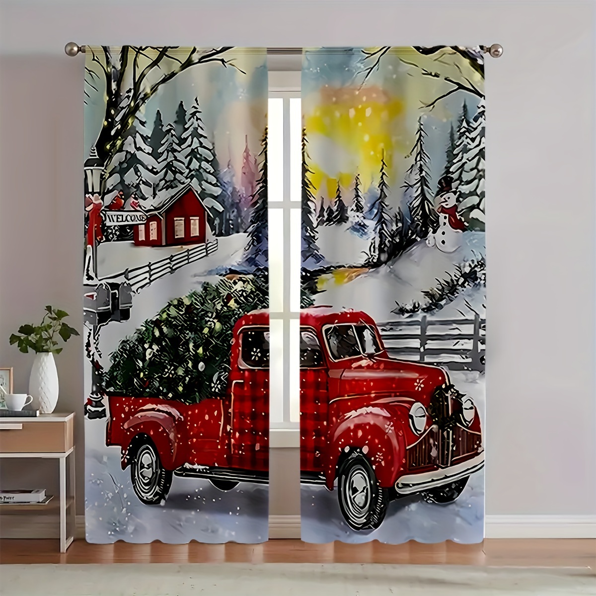 

Vintage Christmas Truck Door Curtain - 30in X 76.2in - Faux Snowflakes, Red Truck, And Festive Scenes - Perfect For Home Decor