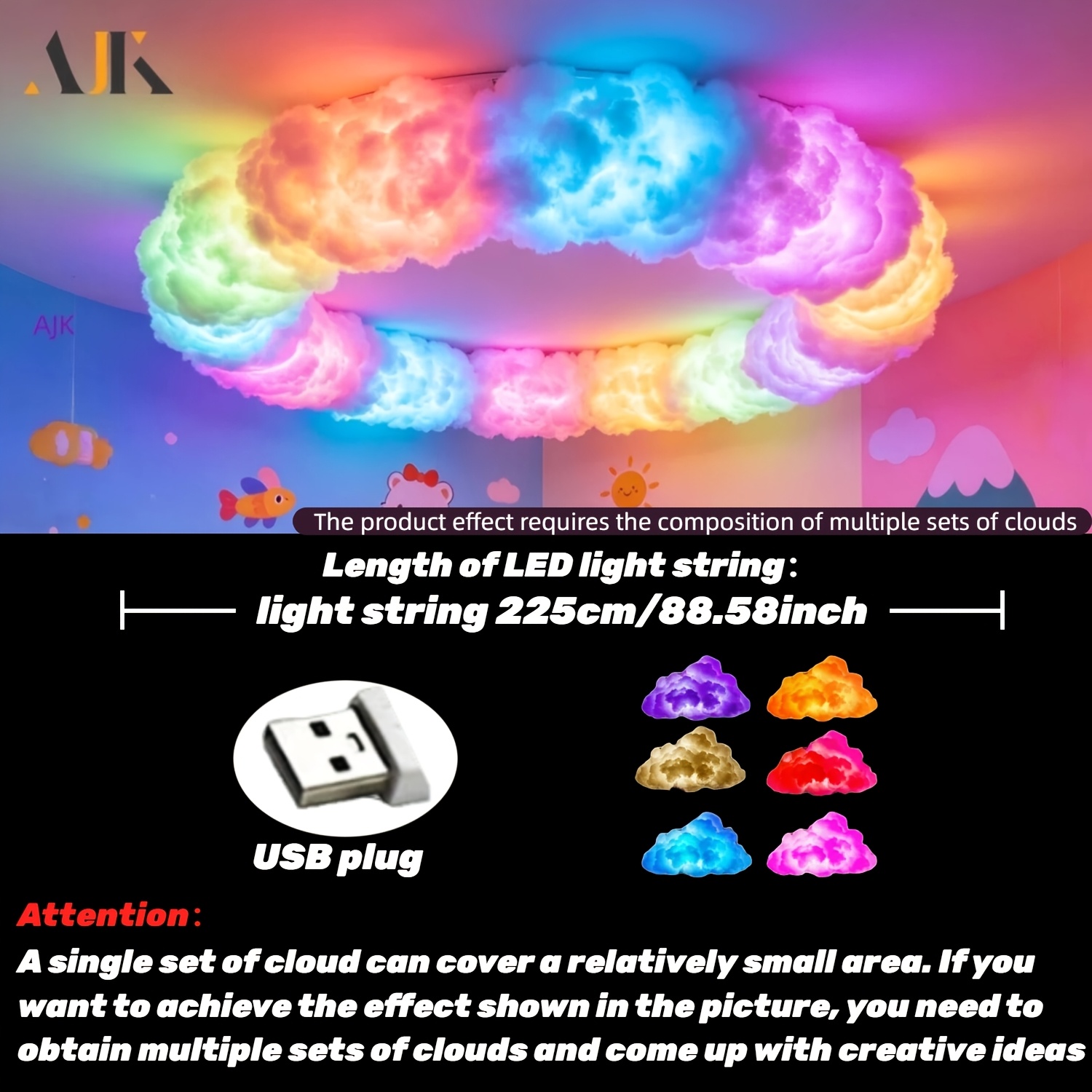 TEMU Ajk 88.58-inch Rgbic Music-sync Led String Lights, 3d Cloud Lamp - -changing, Ideal For Gaming Rooms, Bedrooms, And Living Rooms As Decorative