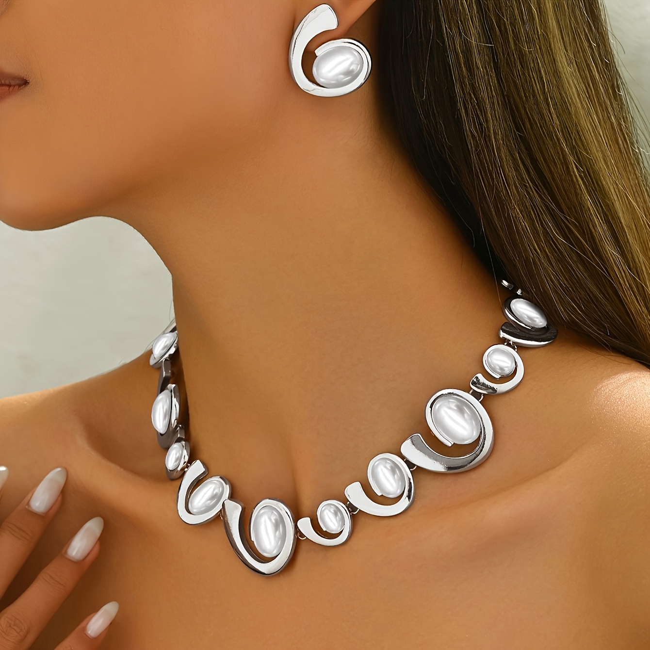 Women's Spiral Snail Necklace Set with Oval Artificial Pearls