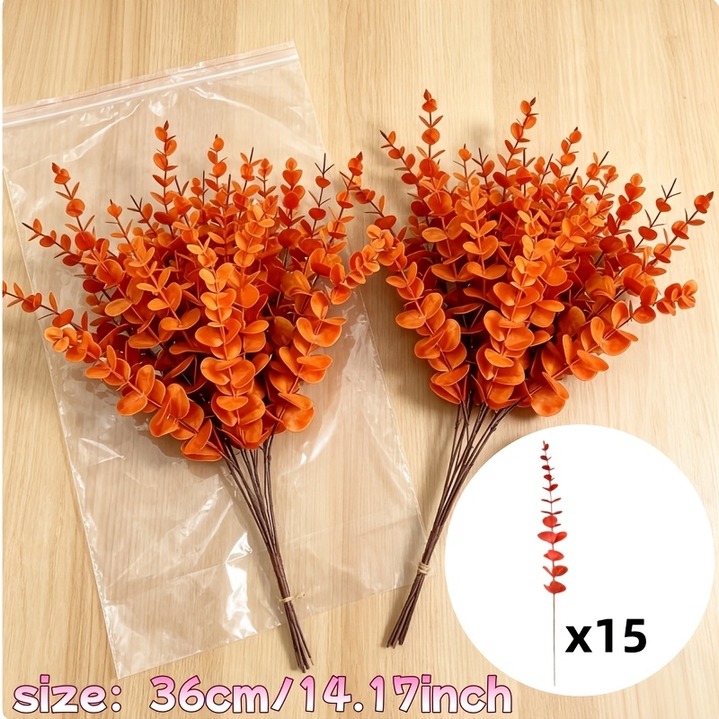 TEMU 15 branches d'eucalyptus artificiel orange, parfaites pour , Pâques, Thanksgiving, Saint-Valentin, décoration de centre de table rustique,