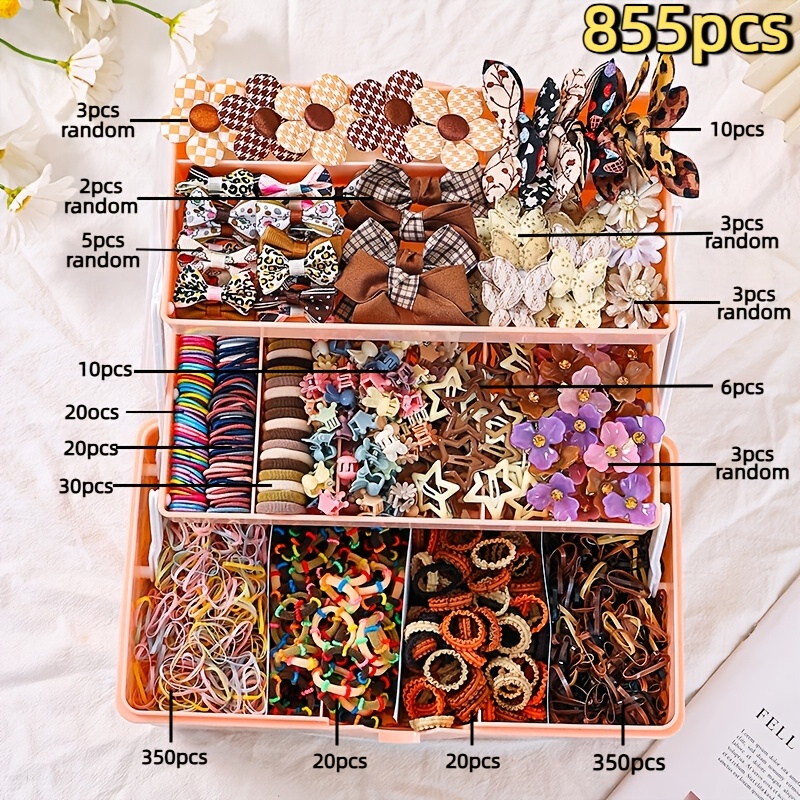 TEMU 855pcs Random Khaki Vintage Hair Accessories Set For, Elastic Brown Hair Ties, Flower Bow Hair Clips, Durable No Hurt Hair Bands For School