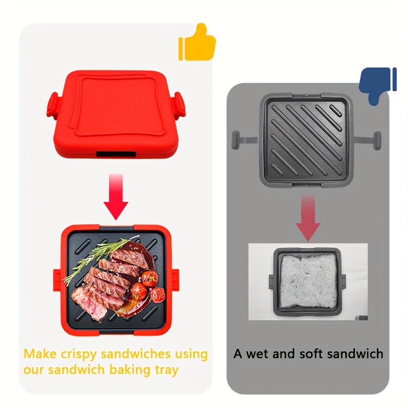 Microwave Sandwich Maker Pan – Quick, Crispy Toast Baking Tray, Non-Stick, Food-Grade Iron, Ideal for BBQ, Sausages, Chicken Wings, Steaks, and More, Red with Easy-Grip Handles, Food Heating|Compact Design|Durable Construction