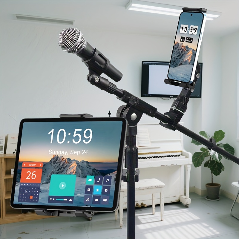 TEMU Universal Clip Adjustable Phone & Tablet Holder - Compatible With Mic Stands, Railings, Handlebars, Guitars & Mic Sheet Music Stand Handles, Fits 4.7-14 Inch Devices