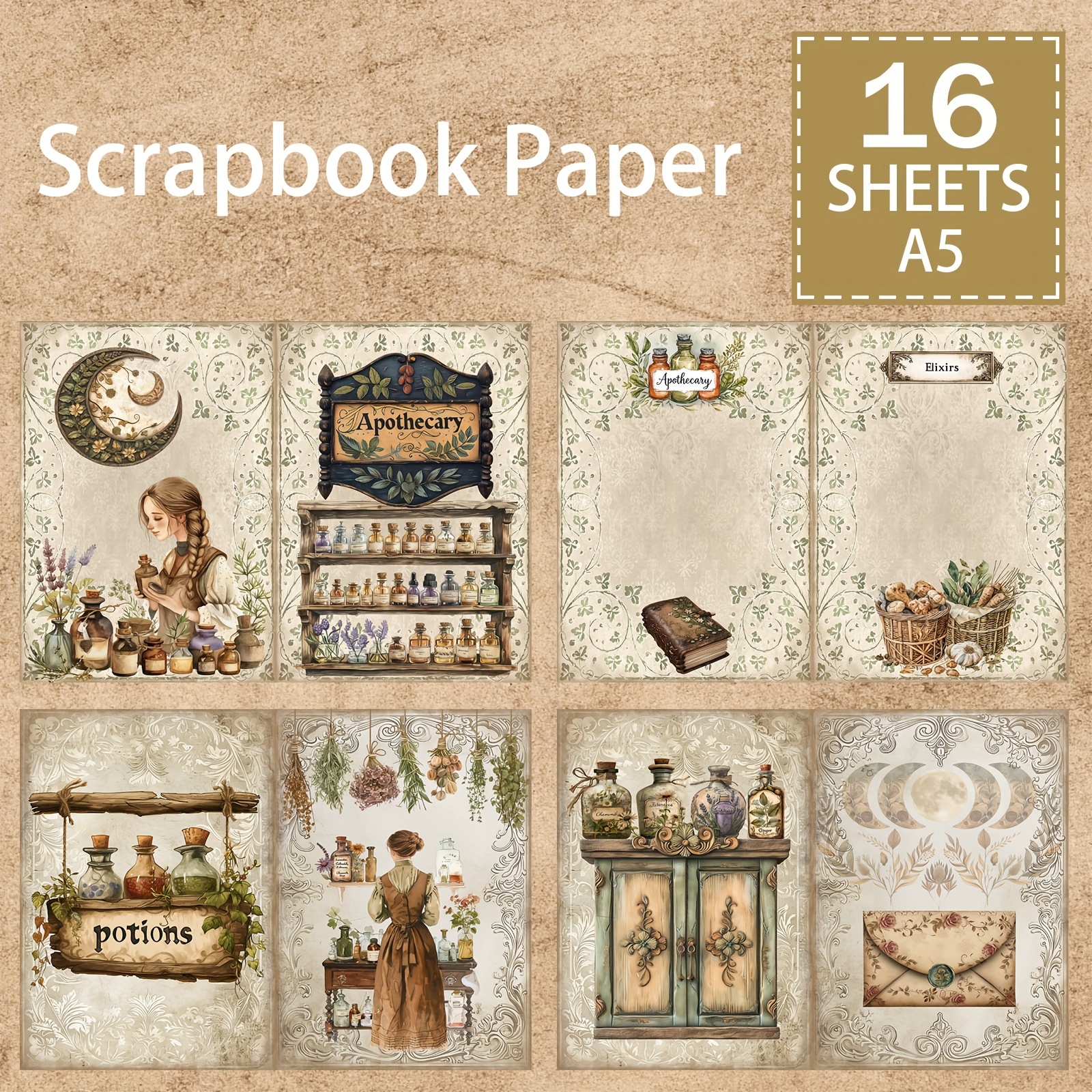 

retro-inspired" 16-pack A5 Vintage Apothecary Cabinet & Envelope Designs - Diy Scrapbooking, Journaling, Greeting Cards & Planner Background Paper