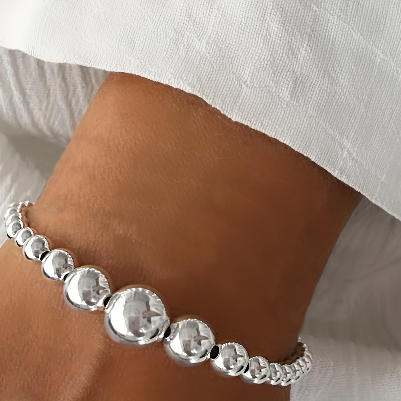 TEMU 1pc Elegant 925 Sterling Silver Bead Bracelet For Women - Simple Round Handcrafted Design, , Ideal For Gifting And Parties, Christmas Season Suitable, Inlay, 925 Silver Plated