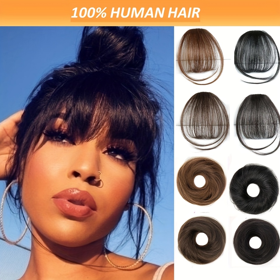 fringe air bangs 1 with sideburns 1 messy hair bun hair clip in hair extensions all handmade textile   heat resistant hairpieces for women girls   look instantly details 2