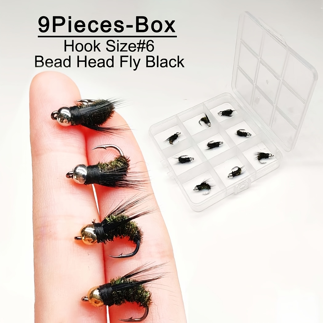 TEMU de pêche à 9pcs (avec boîte à ) Tête perlée Mouche Nymphre noire Appât sèches Appât pour la pêche Truite/ Appât de pêche artificiel