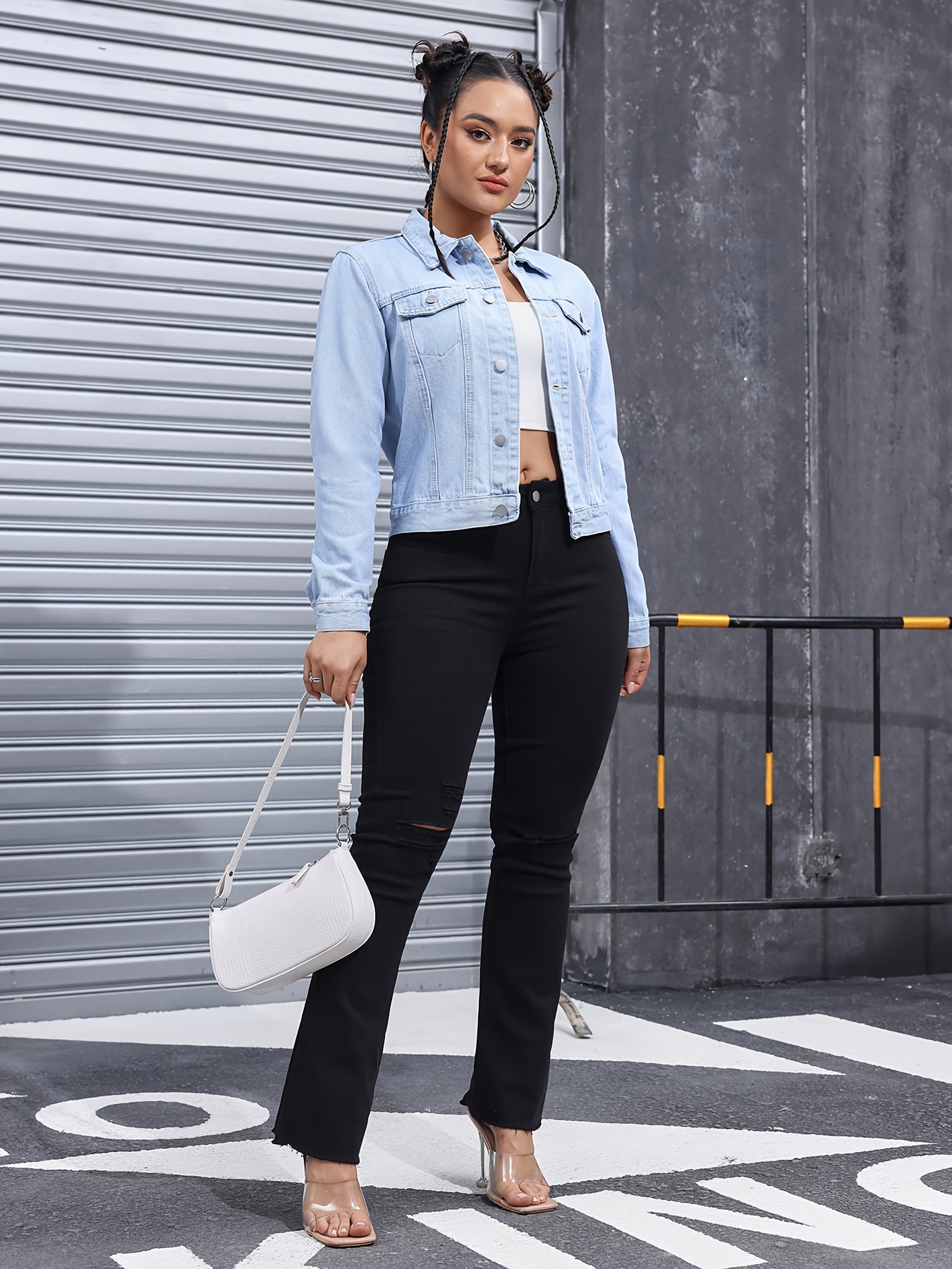 Plain Light Washed Blue Long Sleeve Denim Temu