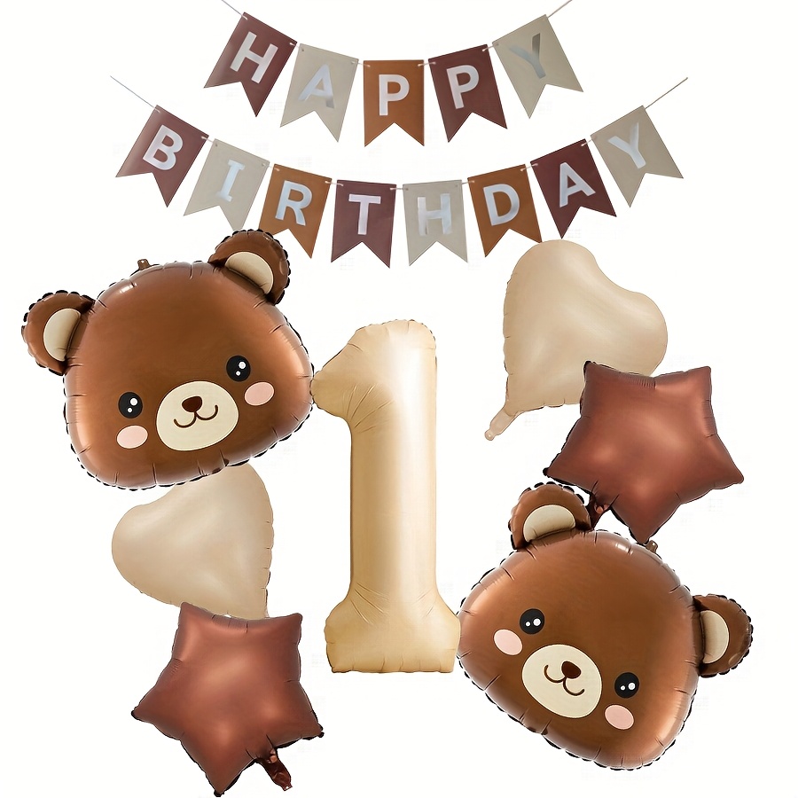 8pcs, Brown Cartoon Bear Head Balloons With Caramel Hearts And -pointed Stars, In 32-inch Caramel Numbers 1, 2, 3, 4, 5, 6, Includes Bear Heads, Suitable For Jungle Wildlife Party Decorations