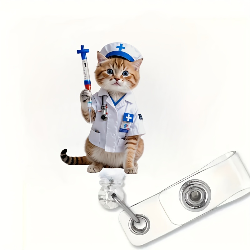 

A Retractable Badge Reel Featuring A Nurse Cat, For Nurses, Nursing Name Tags, Medical Students, Doctors, Nurses, And Licensed Nurses - A Clip-on Reel Badge Holder Suitable For Work.