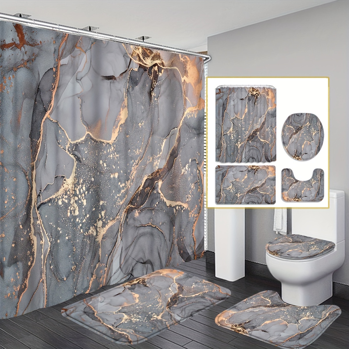 

4pcs Gilt Rock Shower Curtain Bathroom Decor, Housewarming Gift Modern Home Decor, Waterproof Shower Curtain And Toilet Floor Mat Three-piece Set Comes With 12 Shower Curtain Hooks