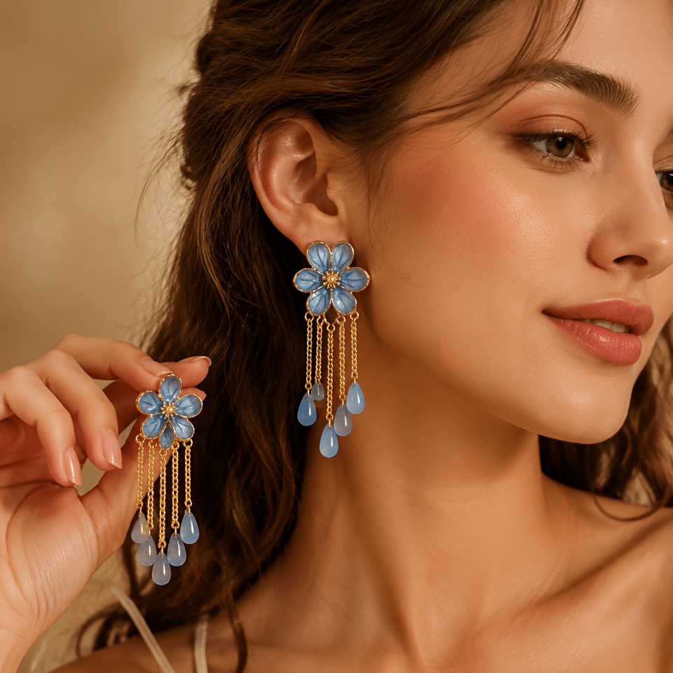 TEMU 1 Paire de Boucles d'Oreilles Longues à Longues Franges, Design de Fleur en Émail Bleu avec Pendentif , Boucles d'Oreilles Pendantes Élégantes