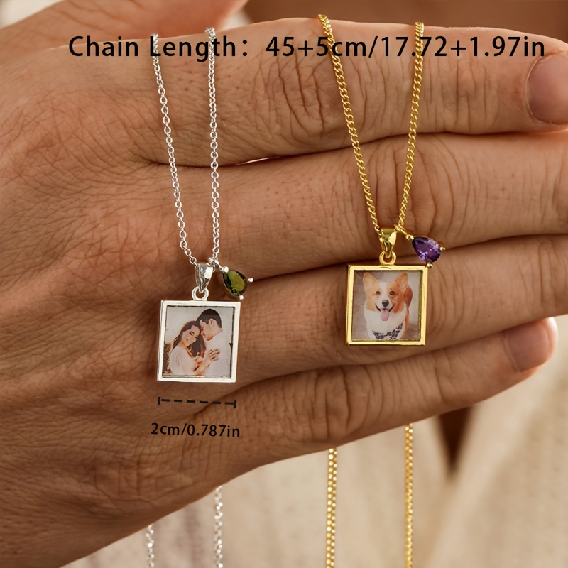 Custom Square Photo Birthstone Necklace — 18K Gold-Plated Gift