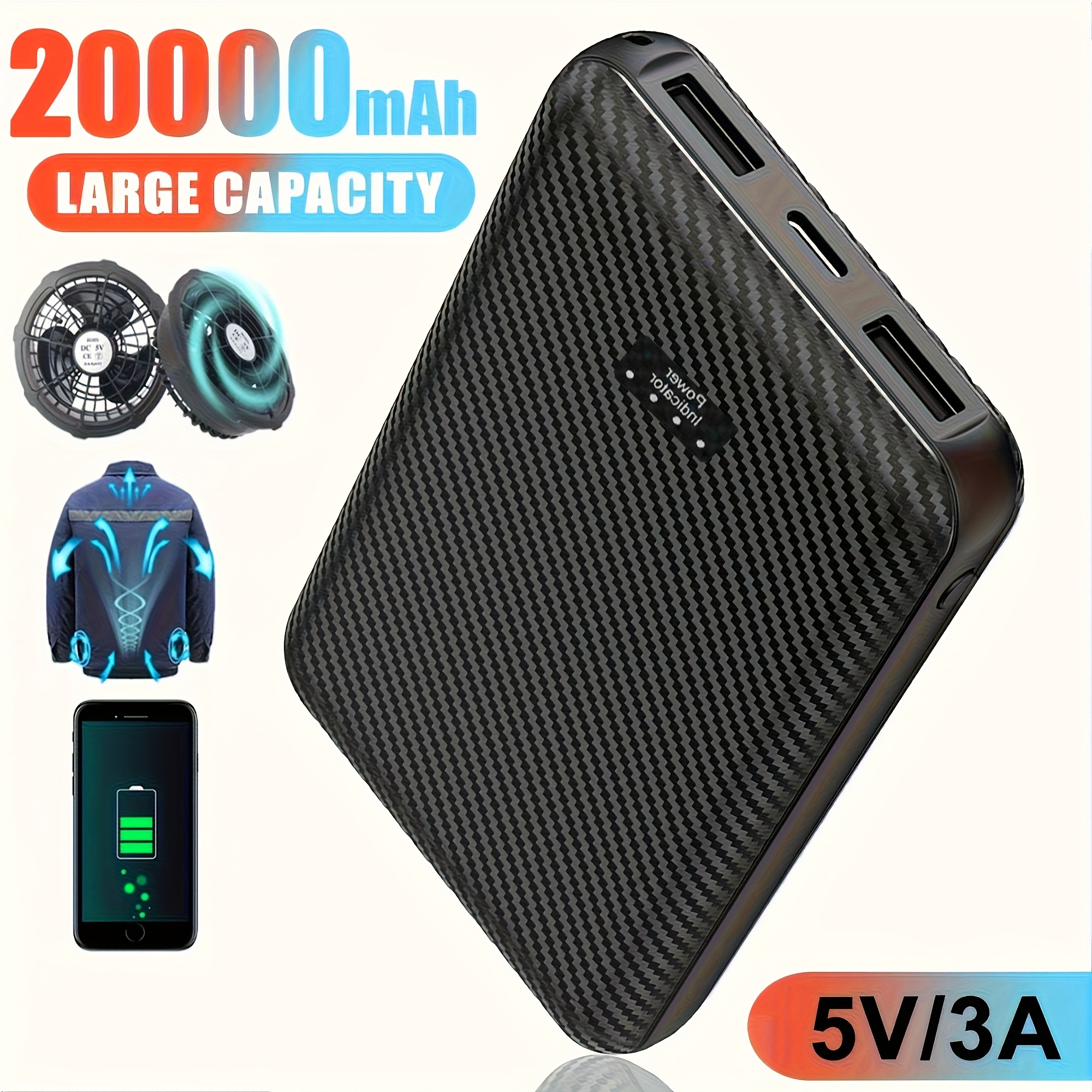 TEMU 20000mah Power Bank 5v 3a Fan Portable Charging Power Supply Phone External Battery For Fan Vest Jacket Cool Clothing