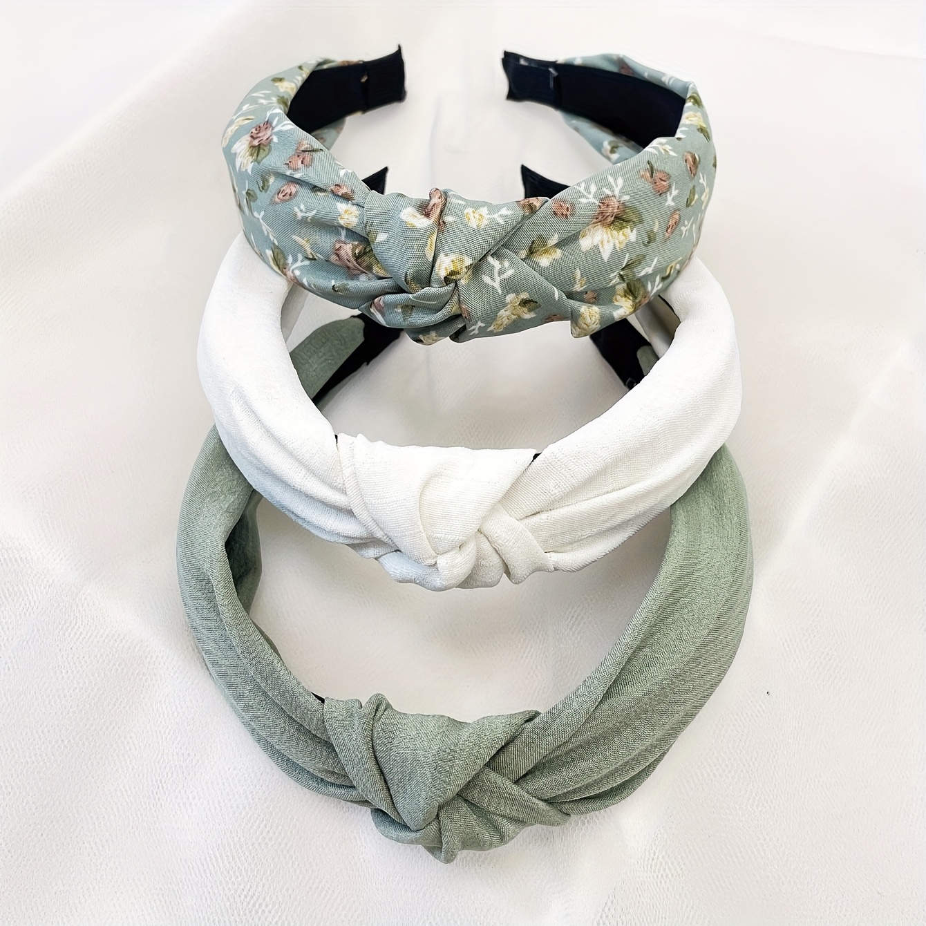 E-shop 3er-Set Damen-Stirnbänder für Frühling/Sommer, breit, aus einfarbigem Stoff mit grünem Blumenmuster, süßer Stil, Haar-Accessoires für den