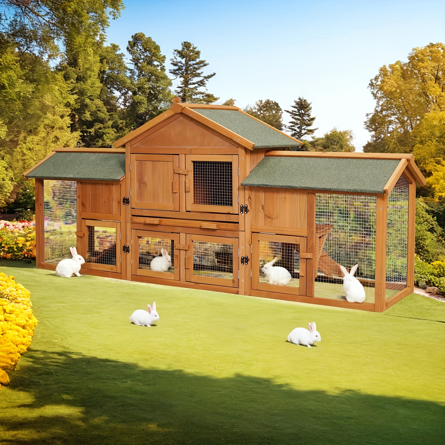 

79.5" Extra Large Bunny Cage With 2 Runs, Ideal Small Animal Habitat For Guinea Pigs And , Featuring Removable Tray, 2 Tier Design, Waterproof Roof, And Poultry Pen Enclosure