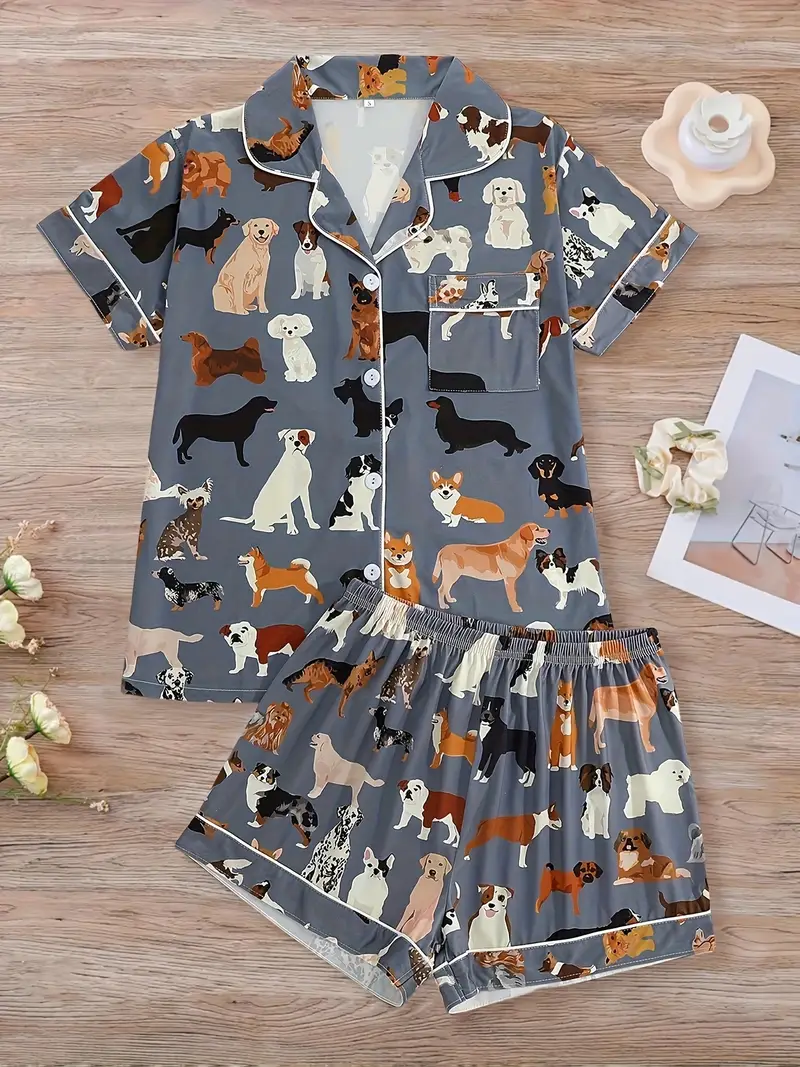 2pcs womens pajama set dog print short sleeve button shirt with loose elastic shorts casual comfortable womens loungewear suitable for summer all year wear Product details 0