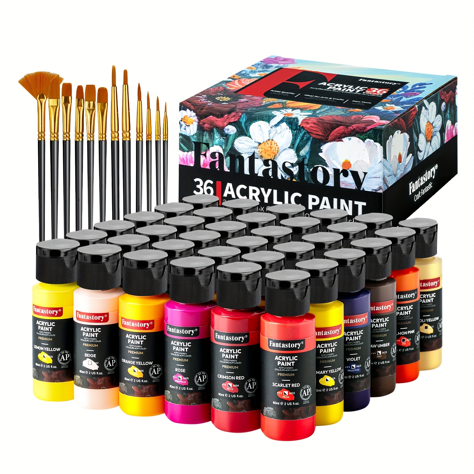 

Fantastory Acrylic Paint Set 36 Colors (2oz/60ml) With 12 Brushes, Professional Craft Paints Kits For Adults, Canvas Wood Fabric Ceramic Rock Painting Supplies