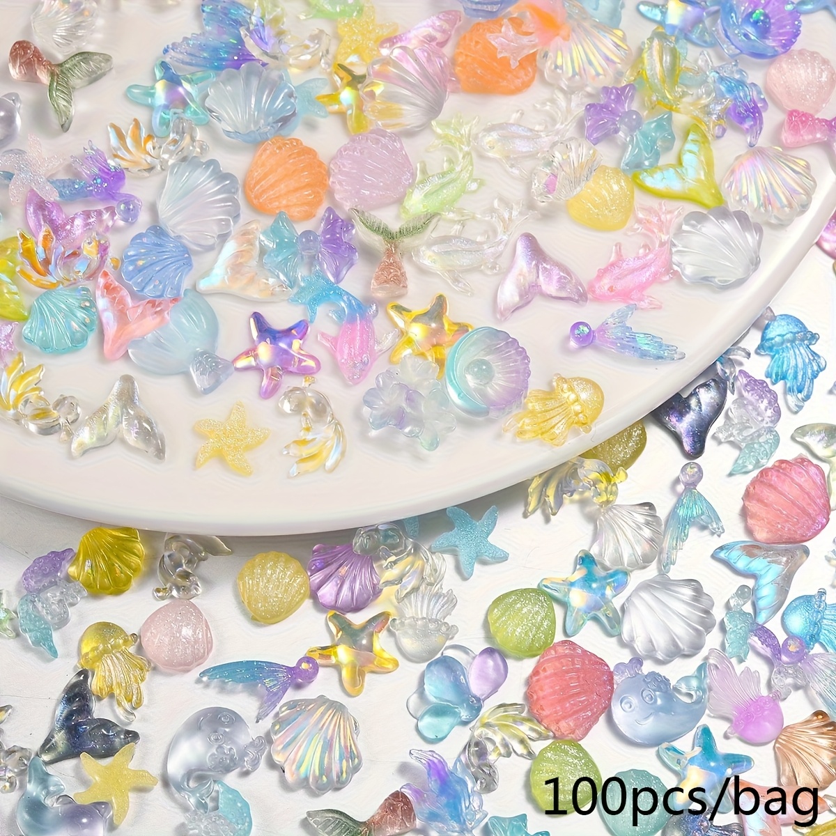 100pcs Nail Art Charms, Sea Shell Starfish Dolphin Designs, Decorations For Nail Tips, Phone Cases, Diy Crafting Accessories