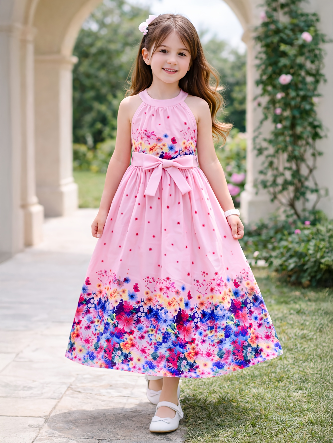 Girls' Pink Halter Neck Long Dress | Floral Gradient Print, Sleeveless, Off-Shoulder, High Waist, Trapeze Hem, Pleated, Non-Stretch Fabric, Perfect for Summer, Suitable 4-12