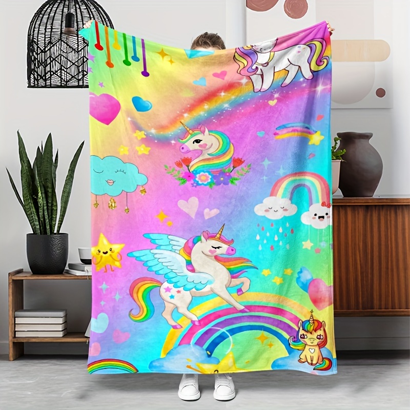 

Style Unicorn Print Flannel Throw Blanket - Hypoallergenic Knitted Throw, Multipurpose Tear-resistant Animal Theme Cozy Bedding For Home, Travel, And Camping - Polyester 100%