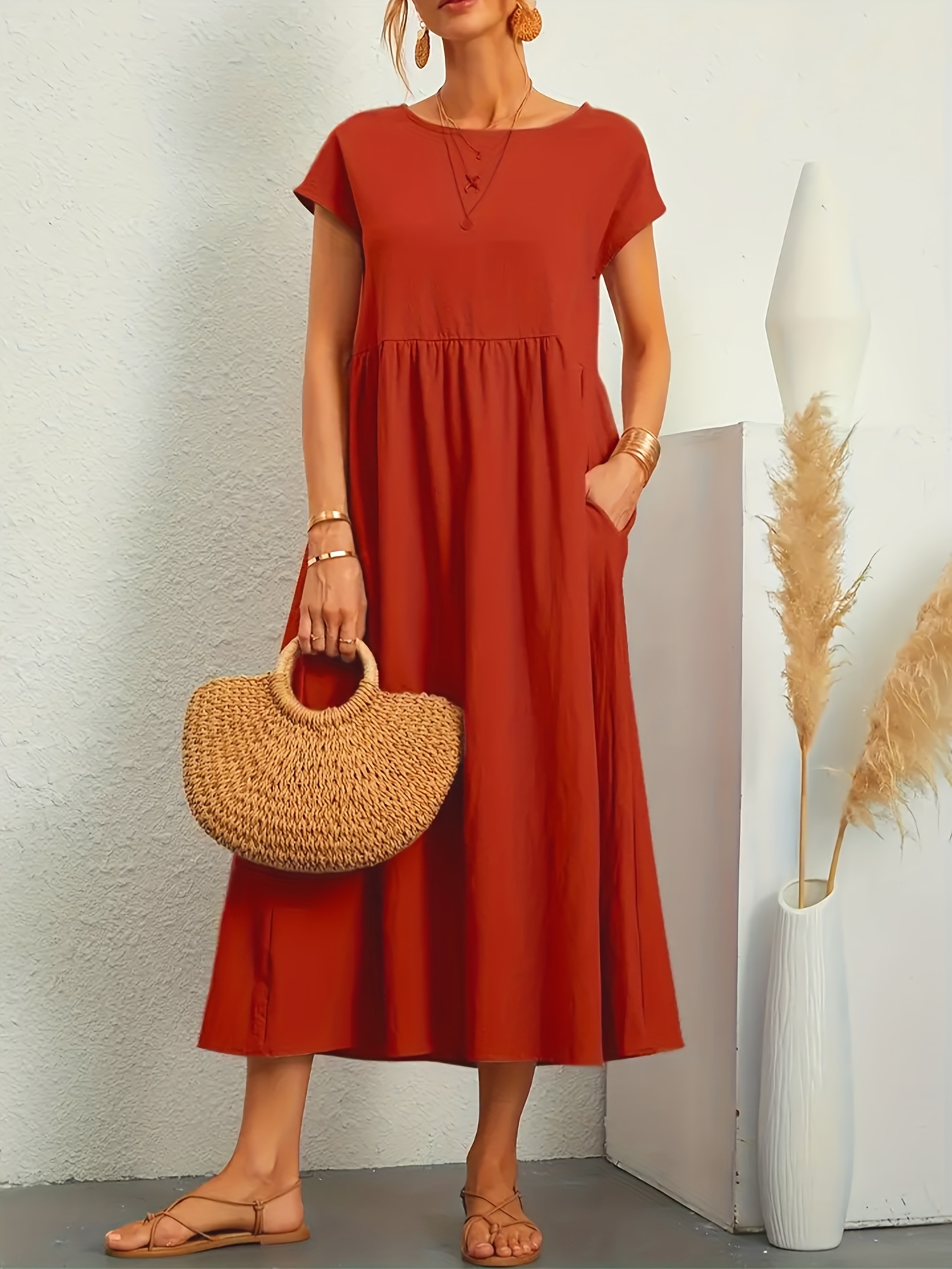 Plus Size Women's Royal Blue Midi Dress Stretchy Loose Fit with Pockets,  Short Sleeve Round Neck Casual Elegant Summer Dress, Machine Washable, Rela