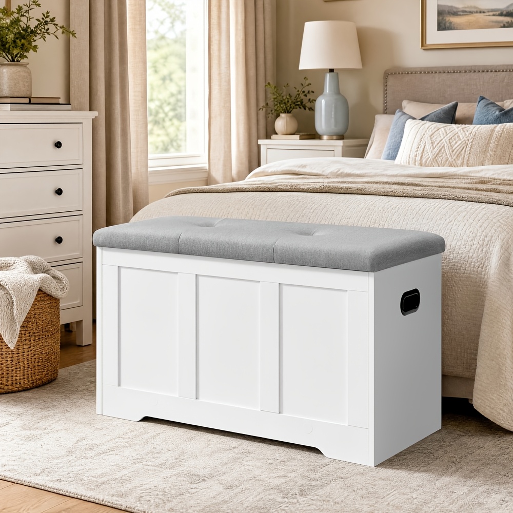 Image of Lidded Chest, Storage Bench With Lid, 2pcs Safety Hinges, Shoe Bench, Country House Style, For Hallway, Bedroom, Living Room, 41 X 81 X 49 Cm, Matte White