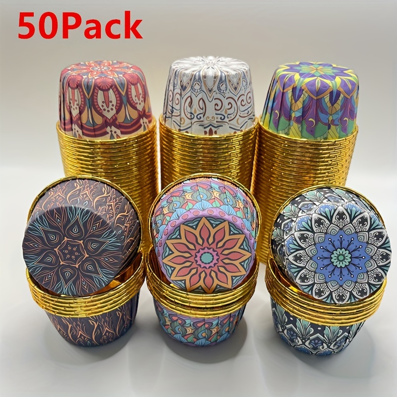 50-pack Bohemian Style Large Paper Cups Baking Heat Resistant Cups Muffin Mousse Round Cups