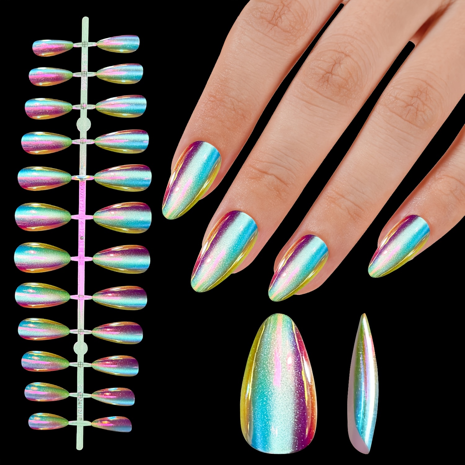 TEMU Colorful Gradient Nail Art Featuring Blue Cat Eye Effects With Intricate Designs, Stylish Looks. Removable And Reusable Nails Are Ideal For