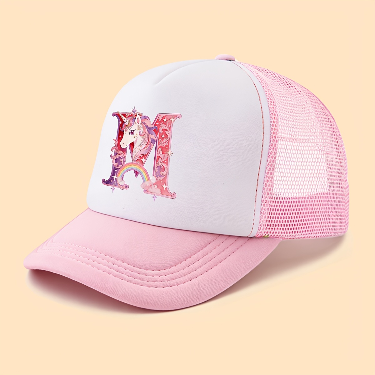 1pc A-z Rainbow Unicorn Letter Baseball Cap, Pink White Spliced Sun Hat For 3-7y Girls, Breathable Trucker Hat For Daily Outdoor Hiking Fishing Picnic, Ideal Gift