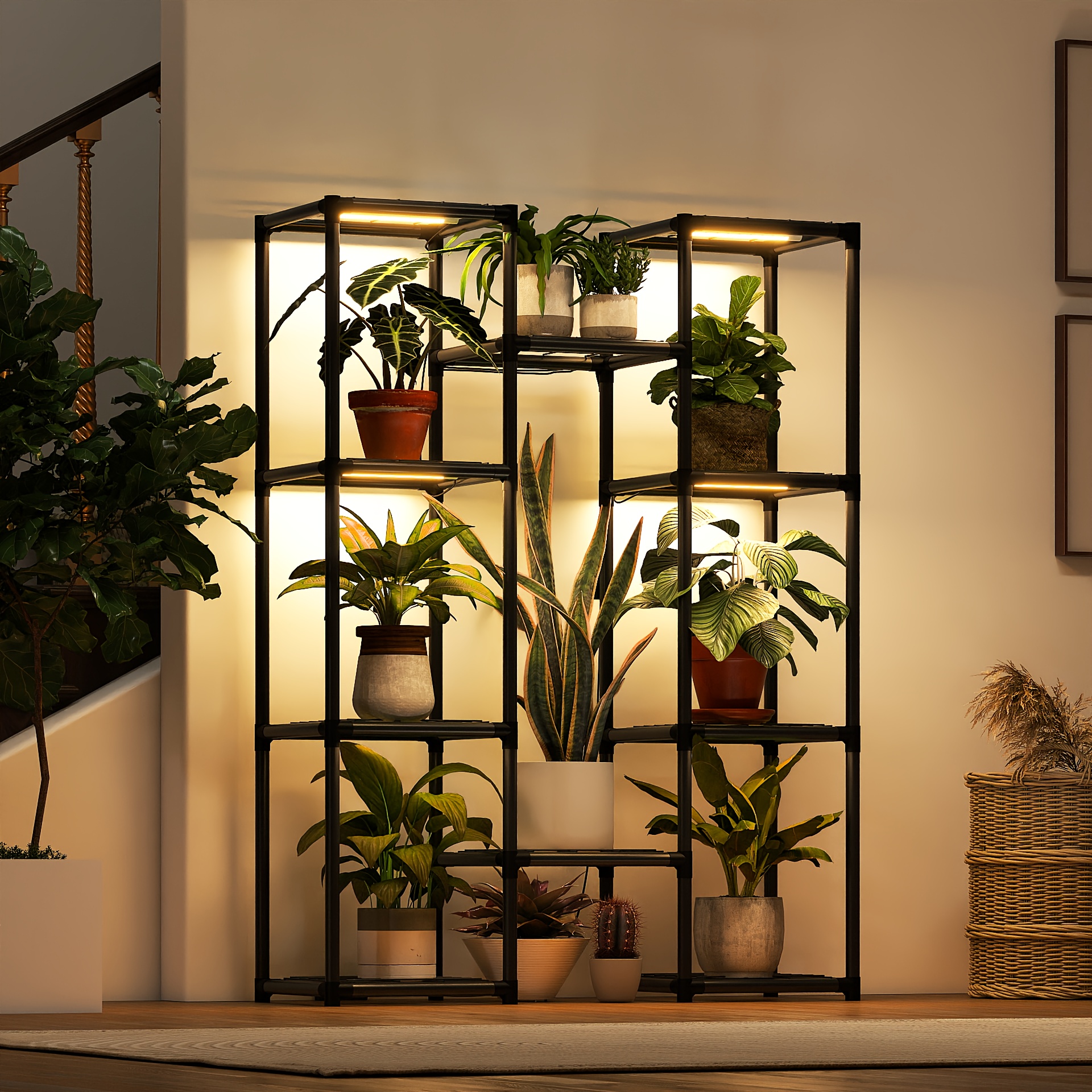TEMU Metal Plant Stand With Grow Lights - Indoor/outdoor Plant Shelf For Multiple Pots, Black Plant Rack Holder For Living Room, Balcony & Garden -