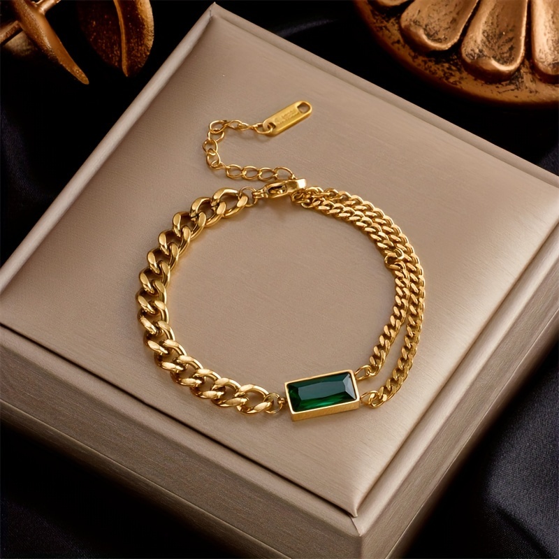 

1pc Stainless Steel Trendy Emerald Green Small Square Golden Chain Bracelet, Gift For Women Men Fashion Banquet Party Jewelry