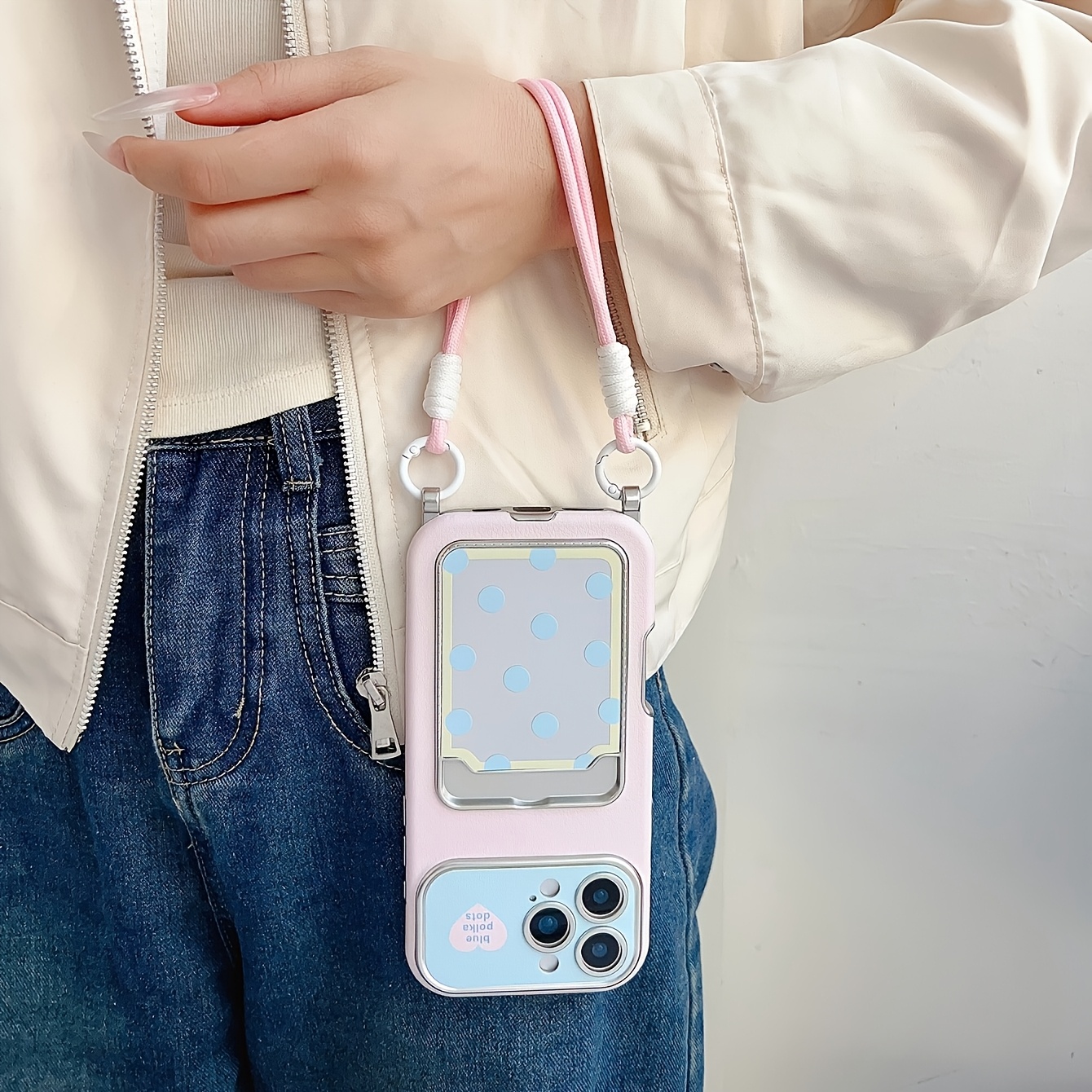 TEMU Funda para Teléfono: Funda Espejo de Lunares Azul Polvo, Incluye Cordón, Portatarjetas y Espejo, Cobertura Completa, Estilo Femenino, Adecuada