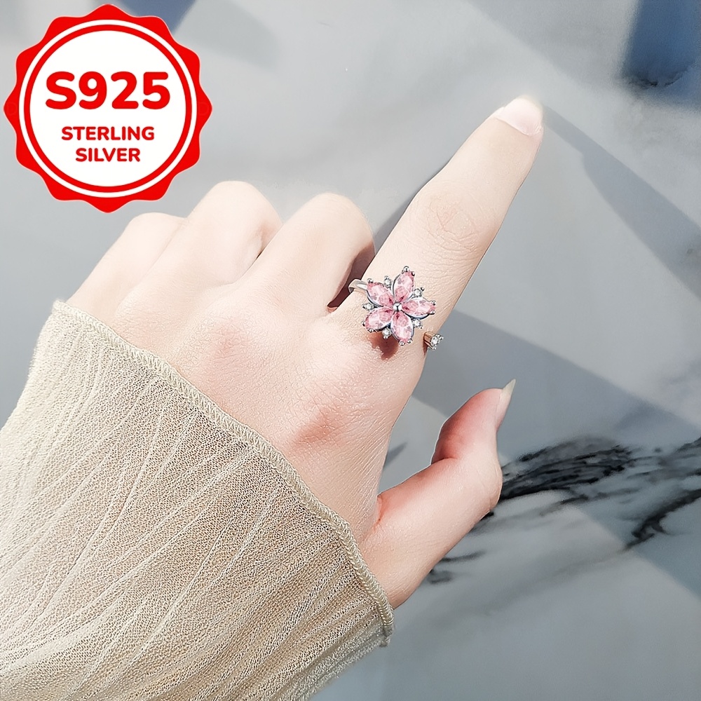 Women's S925 Sterling Silver Rotatable Pink Cherry Blossom Ring