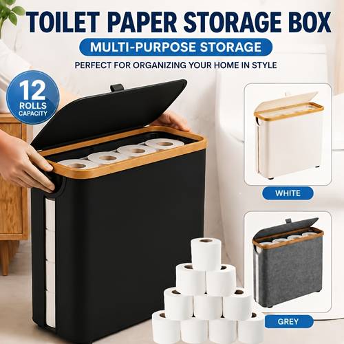 bamboo toilet paper holder large bathroom storage basket with non slip feet multi purpose organizer for toiletries towels and laundry no 12 rolls of toilet paper capacity toilet paper storage containers