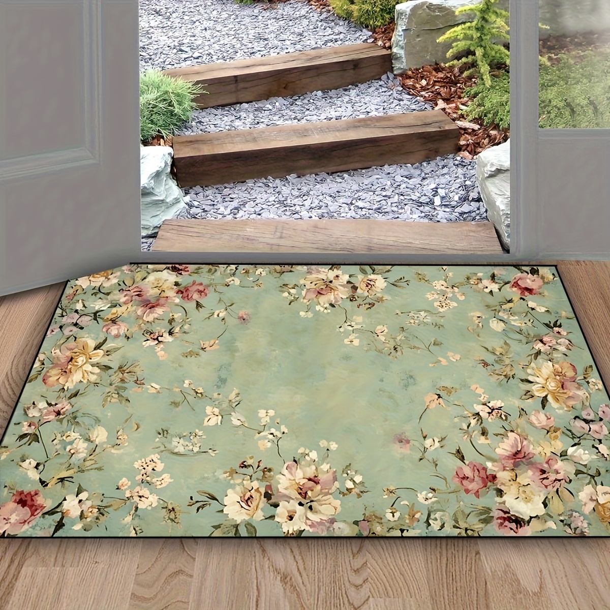 TEMU 1pc Vintage Bohemian Persian Floral Pattern High-quality Rectangular Doormat - Indoor Entrances Or , Valentine's Day Decor, Easter Spring Decor
