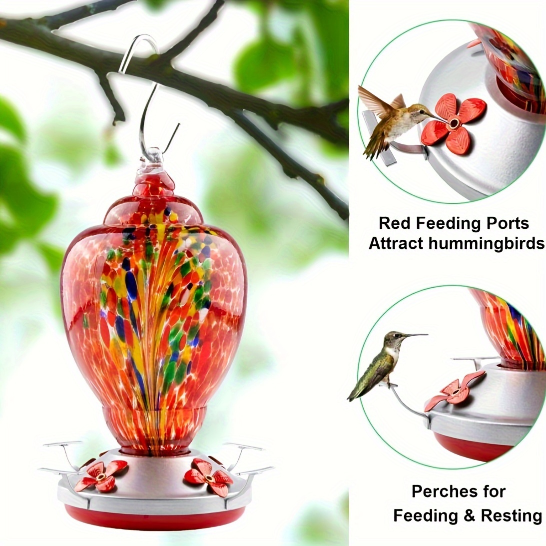 

Hand Blown Glass Hummingbird Feeders For Outdoors Hanging Patio Garden Decorations Hummingbird Feeder With Ant Moat Hook Brush And Service Card (fire And Circle)