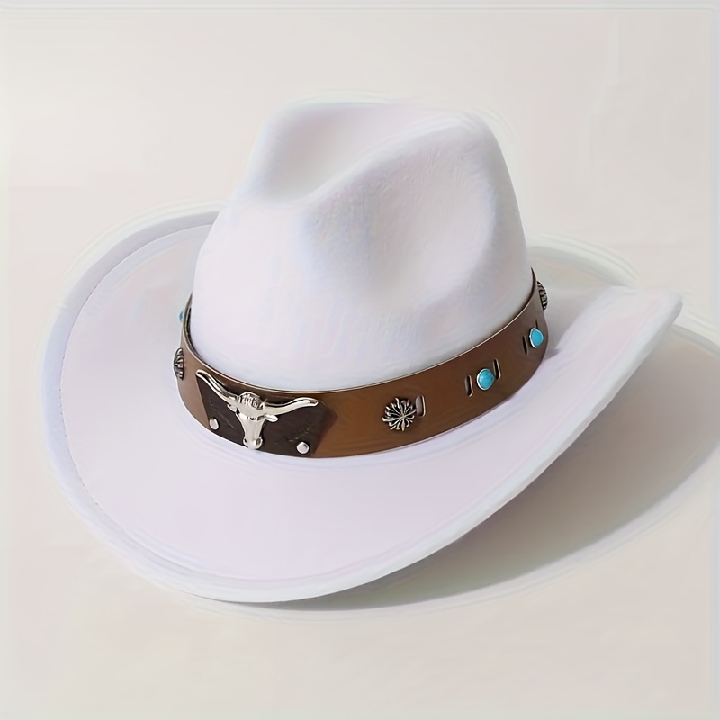TEMU Women's Hat, Fashionable Peach Wide Brim Felt Hat With Brown Wide Belt And Silvery Metal Decoration, Outdoor For Parties, Unisex Western Cowboy