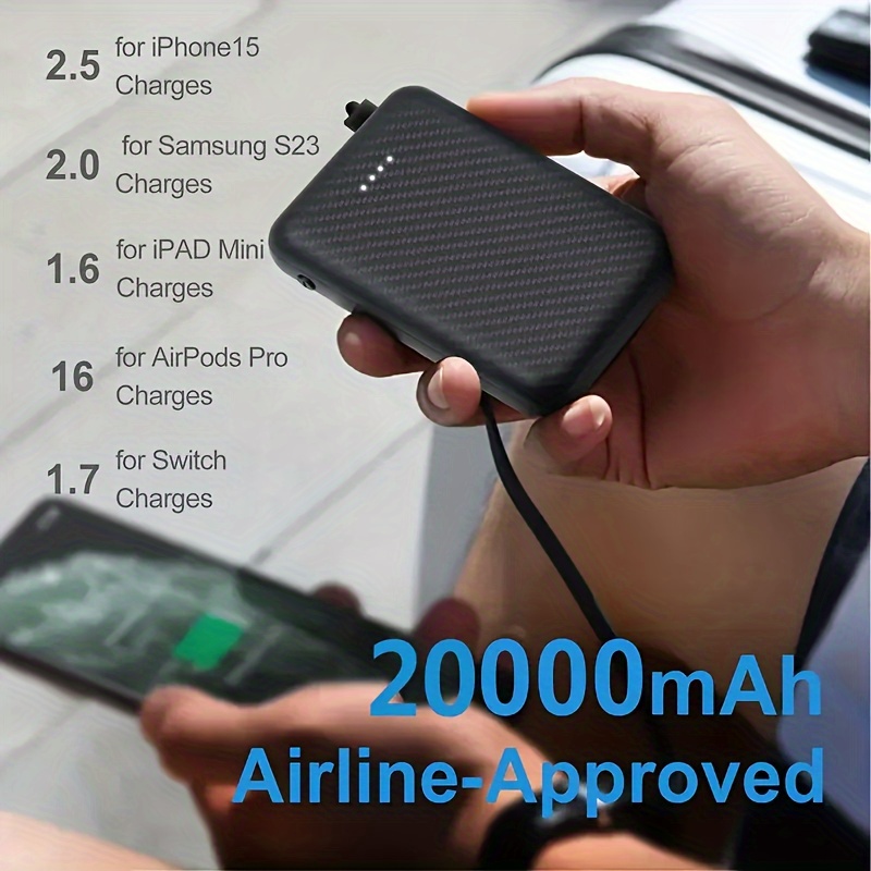 20000mAh Power Bank Portable Charger 5V 2.4 Fast Charging Battery for Heating Vest Jacket Scarf Socks Gloves, Portable Power Bank with Built In Cables, Portable Charger Power Bank Type C And B, Batterie Portable, Power Bank with Cables