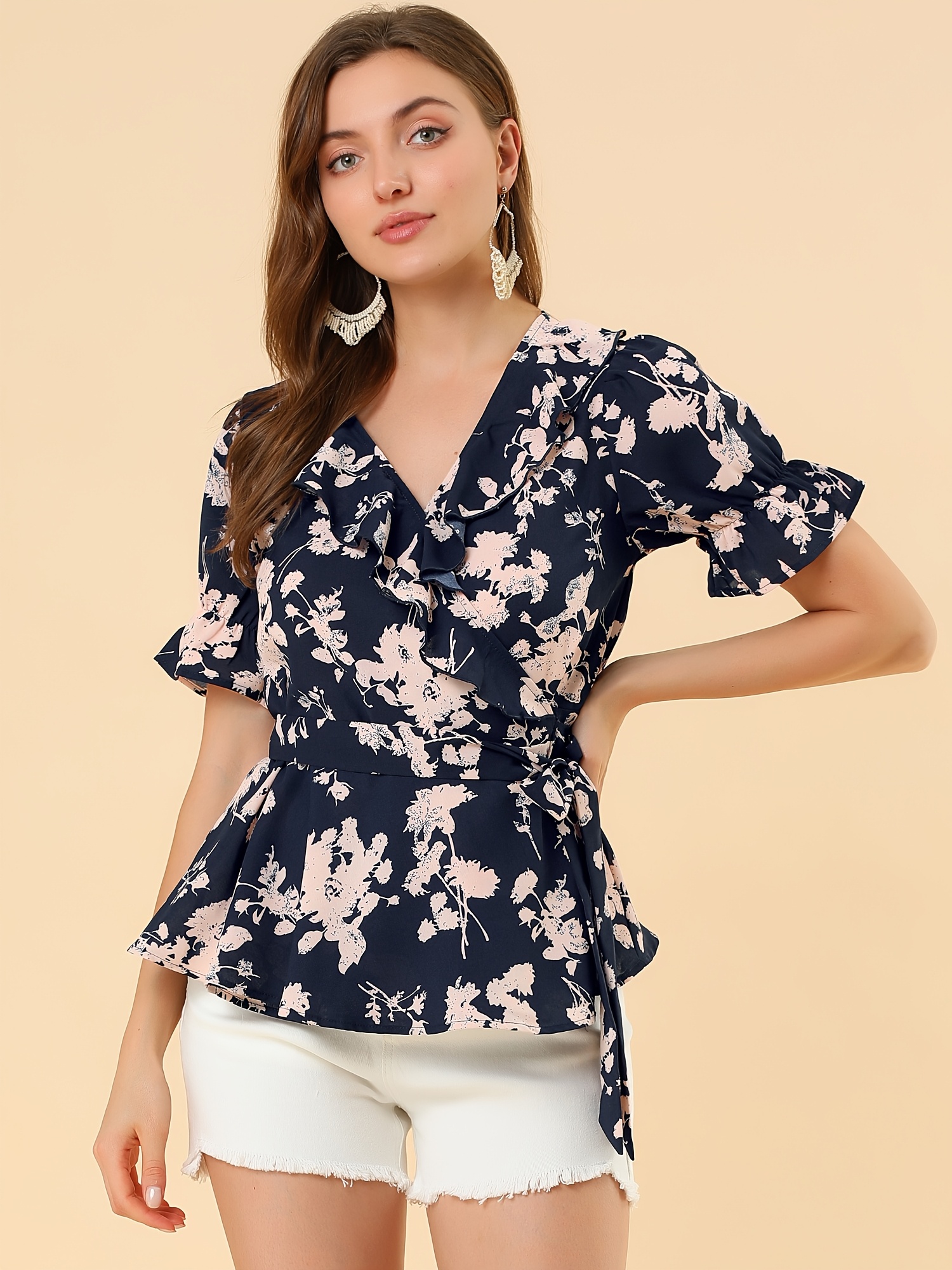 Allegra K Women's Floral Peplum Top | 2024 Summer Ruffle Neck Short Sleeve Blouse