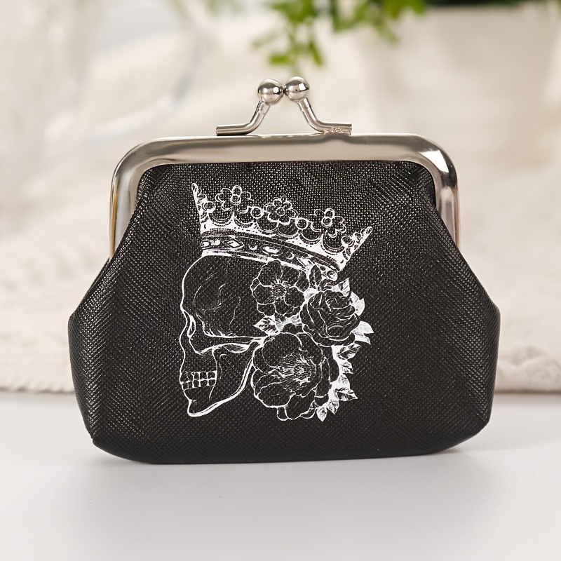 

Skull Print Leather Coin Purse - Lightweight, Sleek Clutch With Snap Closure For Keys & Coins