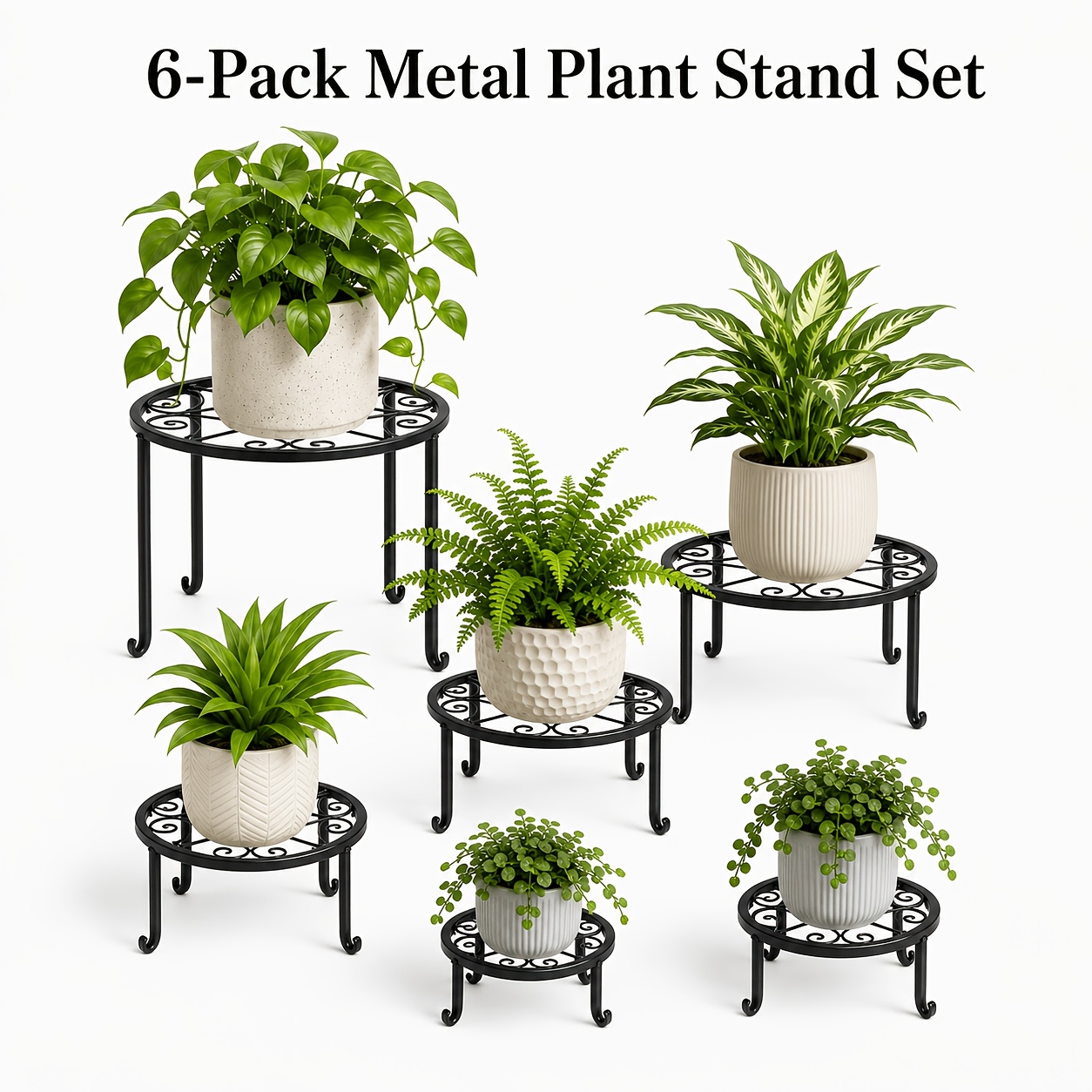 TEMU 3/6-pack Black Metal Plant Stand Set, Round Plant Pot Holders In 3 Sizes With Sturdy Curved Legs, Rust-resistant Coating, Decorative Scroll